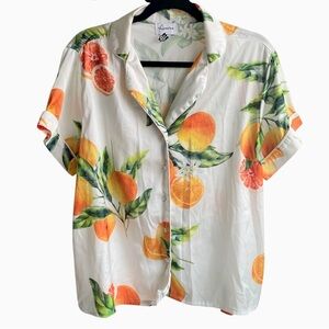 Averie Paloma Satin Fruit Print Pajama Sleep Button Up Shirt Size Large